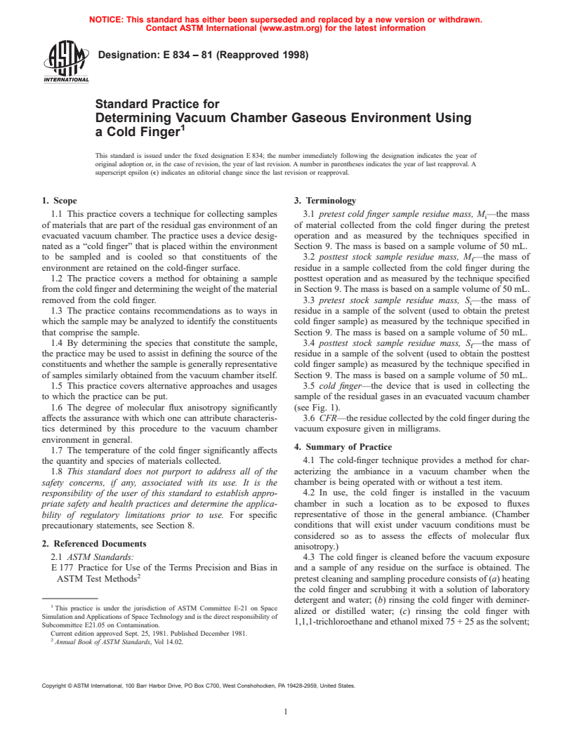 ASTM E834-81(1998) - Standard Practice for Determining Vacuum Chamber Gaseous Environment Using a Cold Finger