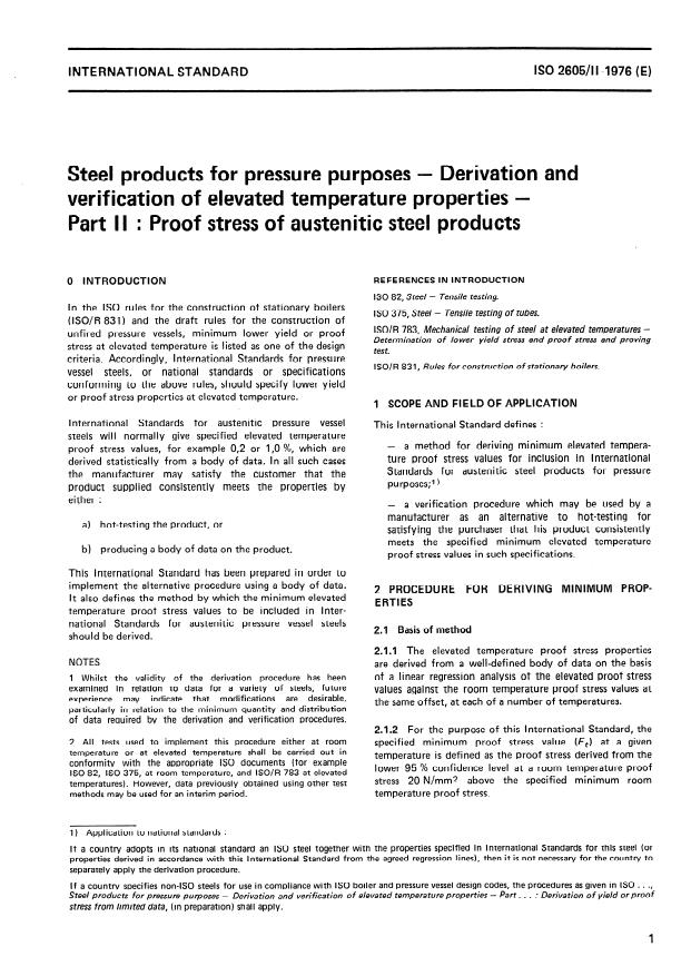 ISO 2605-2:1976 - Steel products for pressure purposes -- Derivation and verification of elevated temperature properties