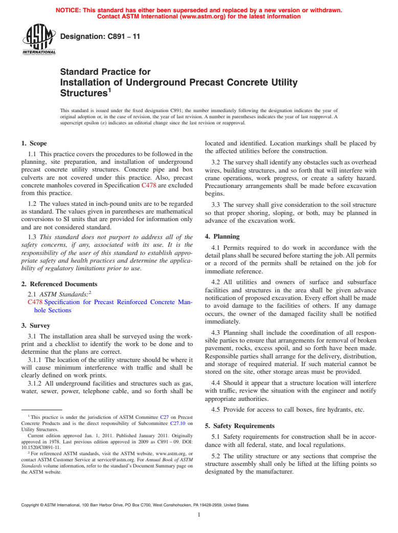 ASTM C891-11 - Standard Practice for Installation of Underground Precast Concrete Utility Structures