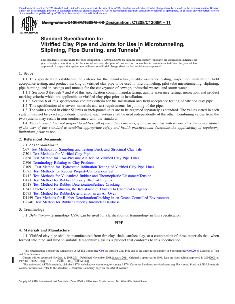 REDLINE ASTM C1208/C1208M-11 - Standard Specification for Vitrified Clay Pipe and Joints for Use in Microtunneling, Sliplining, Pipe Bursting, and Tunnels