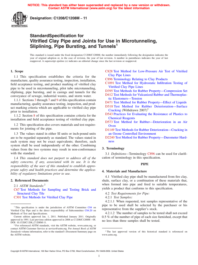 ASTM C1208/C1208M-11 - Standard Specification for Vitrified Clay Pipe and Joints for Use in Microtunneling, Sliplining, Pipe Bursting, and Tunnels