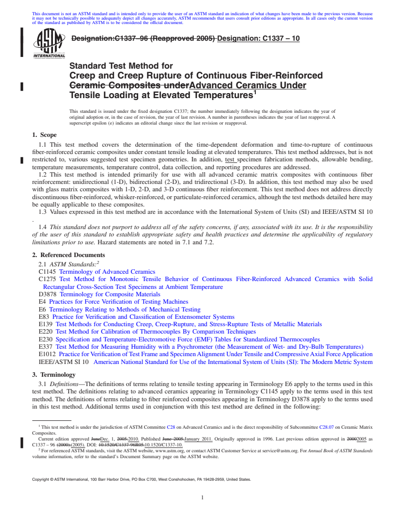 REDLINE ASTM C1337-10 - Standard Test Method for  Creep and Creep Rupture of Continuous Fiber-Reinforced Advanced Ceramics Under Tensile Loading at Elevated Temperatures