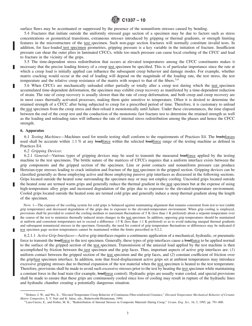 REDLINE ASTM C1337-10 - Standard Test Method for  Creep and Creep Rupture of Continuous Fiber-Reinforced Advanced Ceramics Under Tensile Loading at Elevated Temperatures