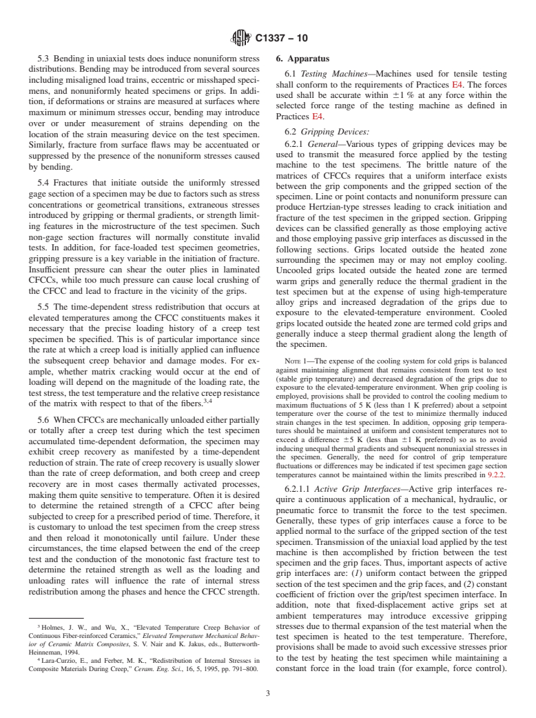 ASTM C1337-10 - Standard Test Method for  Creep and Creep Rupture of Continuous Fiber-Reinforced Advanced Ceramics Under Tensile Loading at Elevated Temperatures