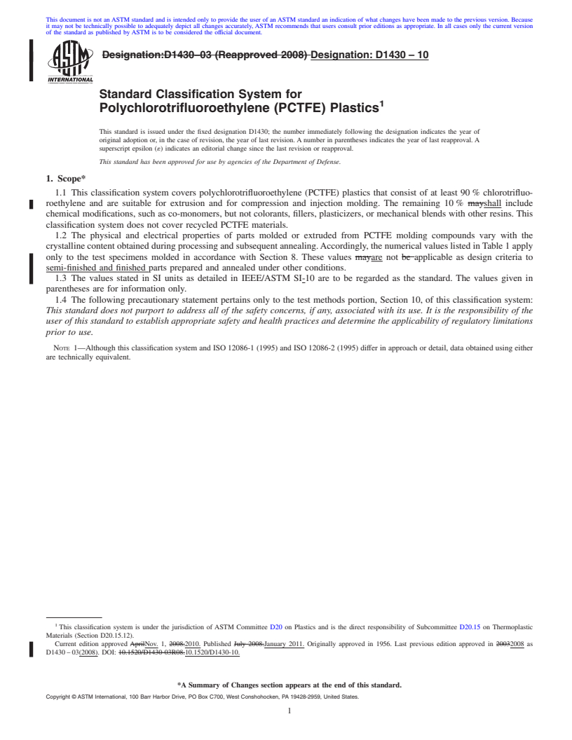 REDLINE ASTM D1430-10 - Standard Classification System for  Polychlorotrifluoroethylene (PCTFE) Plastics