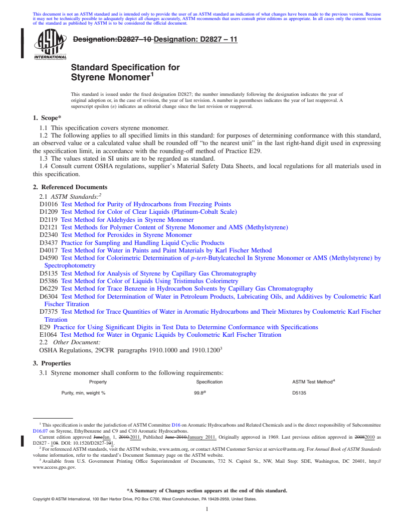 REDLINE ASTM D2827-11 - Standard Specification for Styrene Monomer