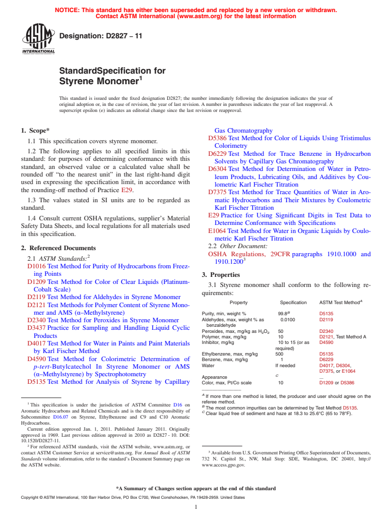 ASTM D2827-11 - Standard Specification for Styrene Monomer