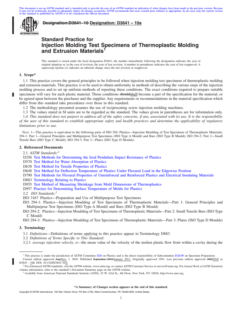 REDLINE ASTM D3641-10a - Standard Practice for Injection Molding Test Specimens of Thermoplastic Molding and Extrusion Materials