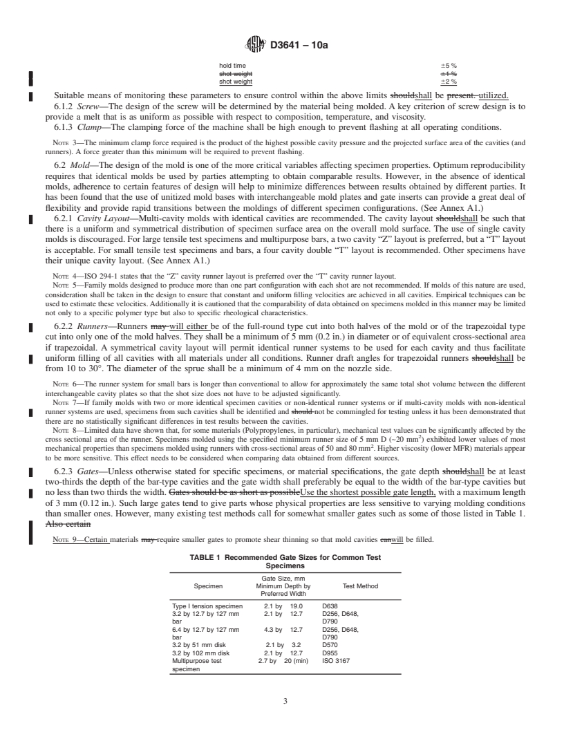 REDLINE ASTM D3641-10a - Standard Practice for Injection Molding Test Specimens of Thermoplastic Molding and Extrusion Materials