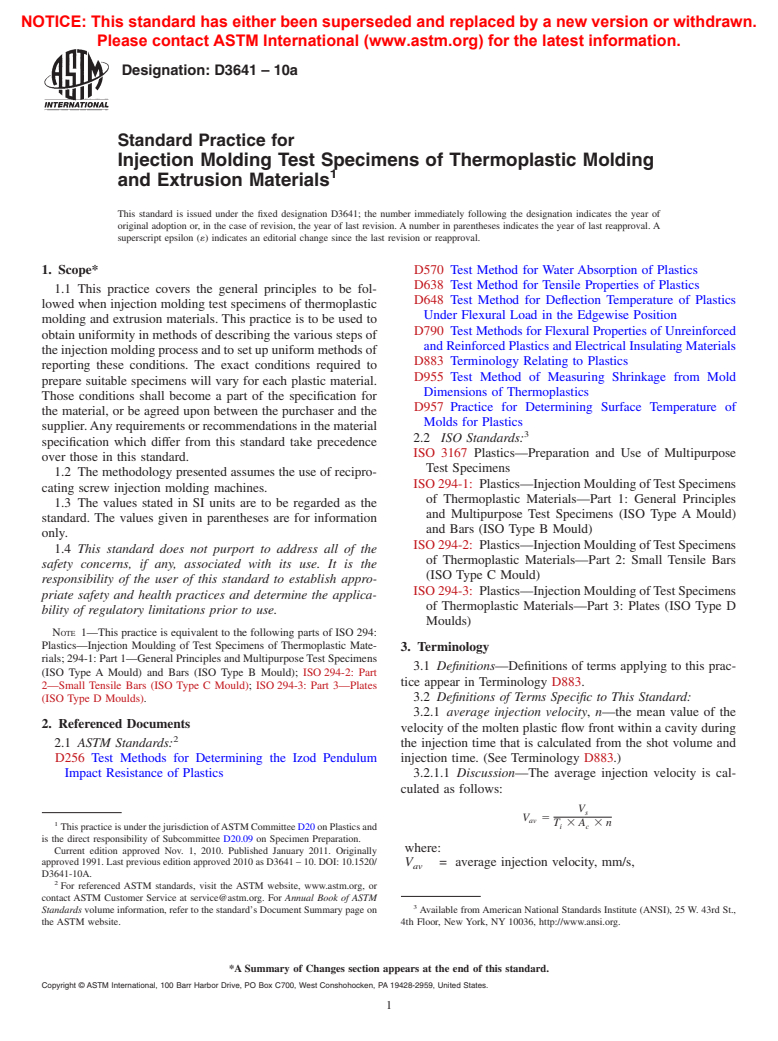 ASTM D3641-10a - Standard Practice for Injection Molding Test Specimens of Thermoplastic Molding and Extrusion Materials