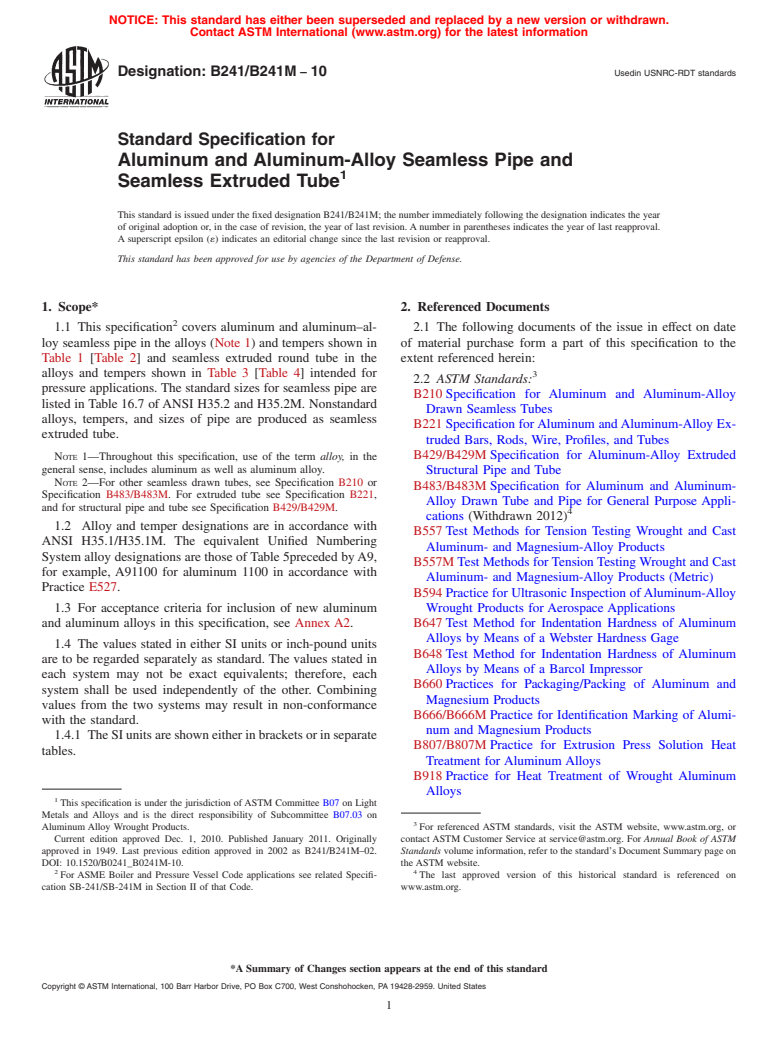 ASTM B241/B241M-10 - Standard Specification for Aluminum and Aluminum-Alloy Seamless Pipe and Seamless Extruded Tube