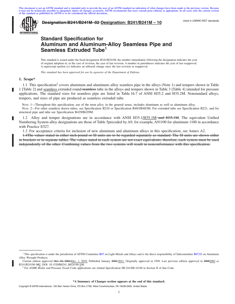REDLINE ASTM B241/B241M-10 - Standard Specification for Aluminum and Aluminum-Alloy Seamless Pipe and Seamless Extruded Tube