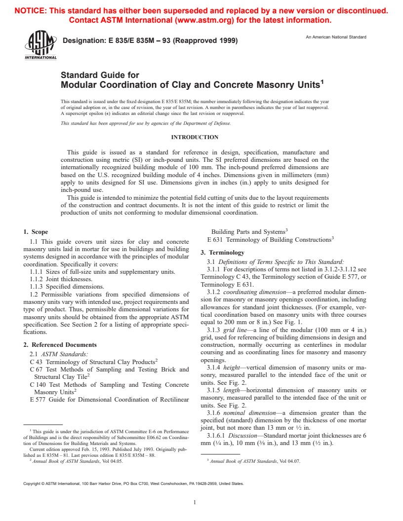 ASTM E835/E835M-93(1999) - Standard Guide for Modular Coordination of Clay and Concrete Masonry Units