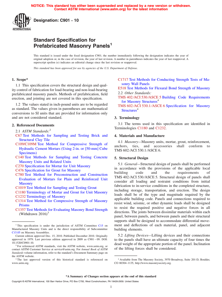 ASTM C901-10 - Standard Specification for Prefabricated Masonry Panels