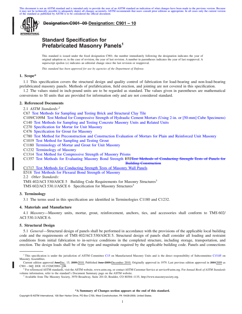 REDLINE ASTM C901-10 - Standard Specification for Prefabricated Masonry Panels