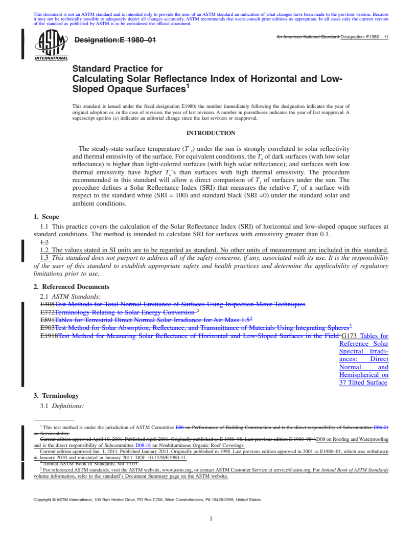 REDLINE ASTM E1980-11 - Standard Practice for Calculating Solar Reflectance Index of Horizontal and Low-Sloped Opaque Surfaces