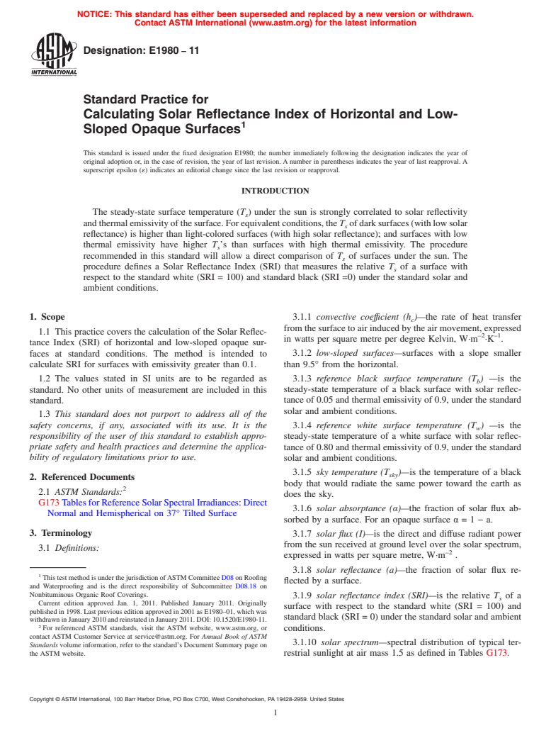 ASTM E1980-11 - Standard Practice for Calculating Solar Reflectance Index of Horizontal and Low-Sloped Opaque Surfaces