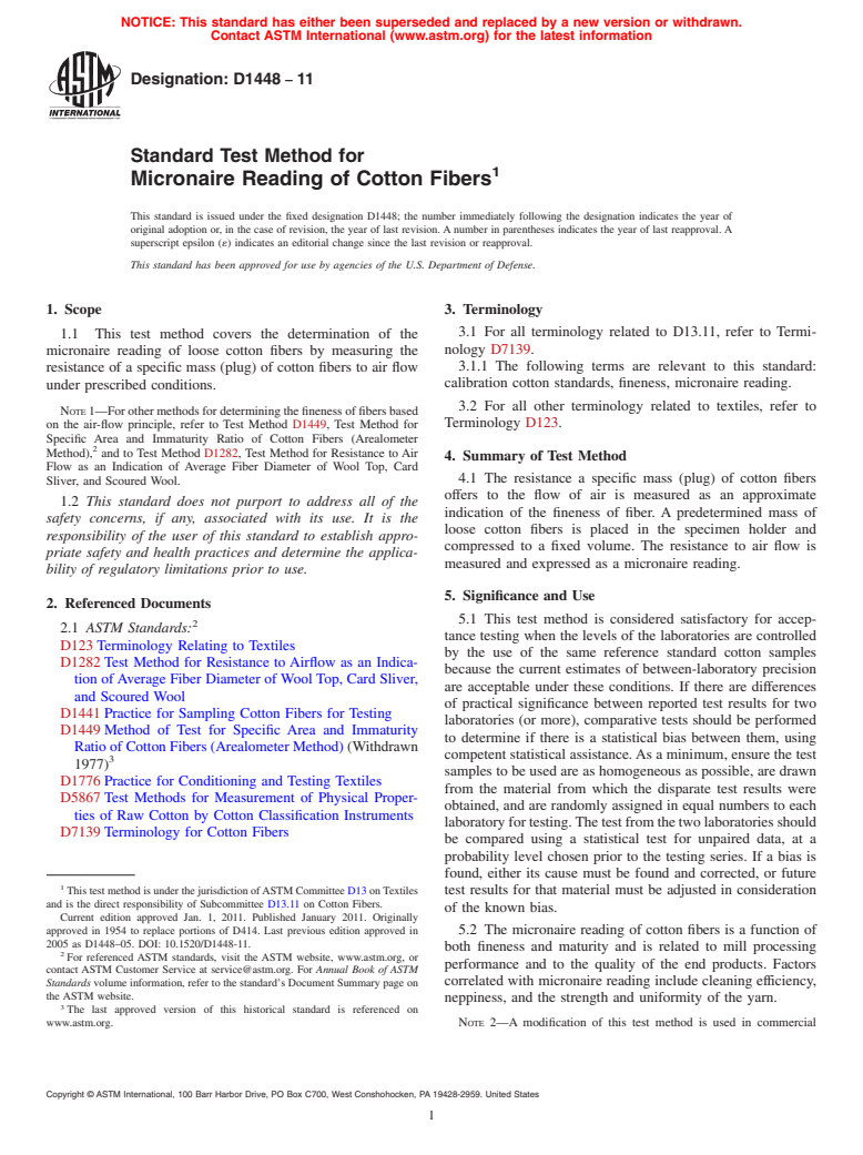 ASTM D1448-11 - Standard Test Method for Micronaire Reading of Cotton Fibers (Withdrawn 2020)