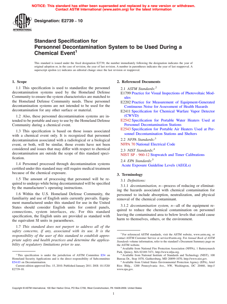 ASTM E2739-10 - Standard Specification for Personnel Decontamination System to be Used During a Chemical Event (Withdrawn 2019)