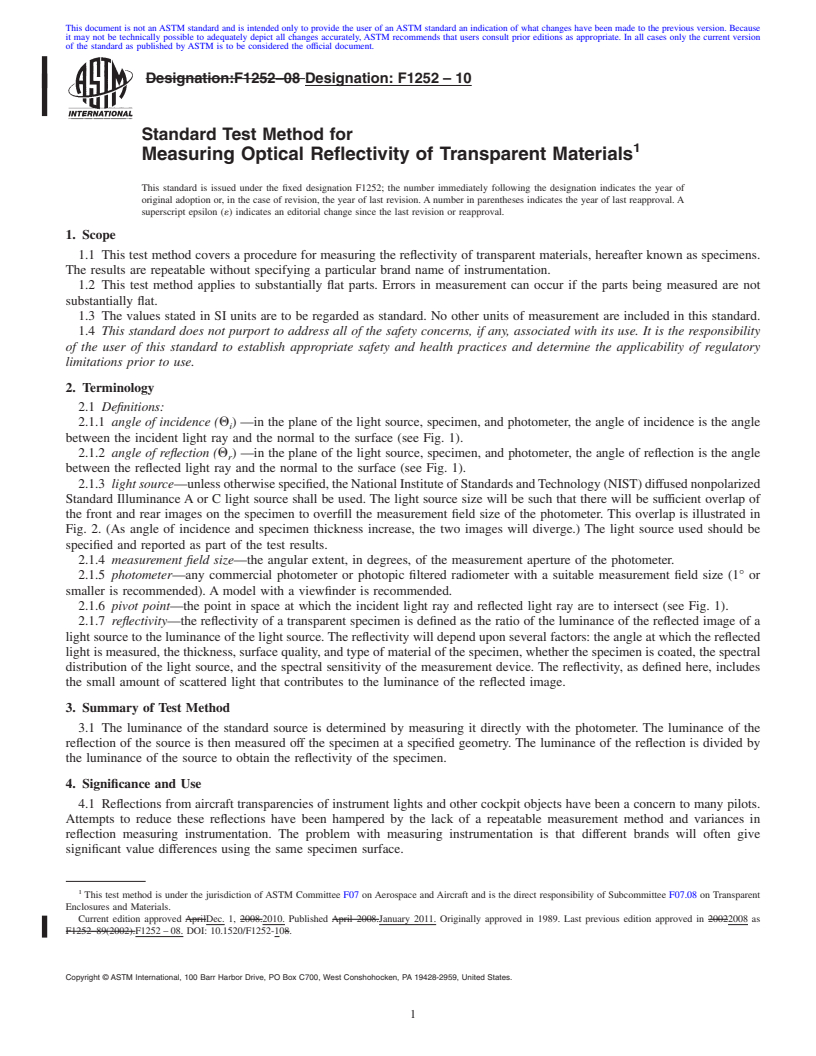 REDLINE ASTM F1252-10 - Standard Test Method for Measuring Optical Reflectivity of Transparent Materials