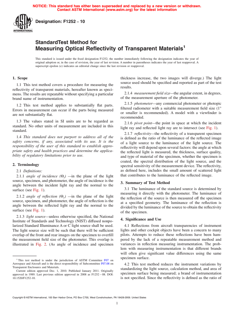 ASTM F1252-10 - Standard Test Method for Measuring Optical Reflectivity of Transparent Materials