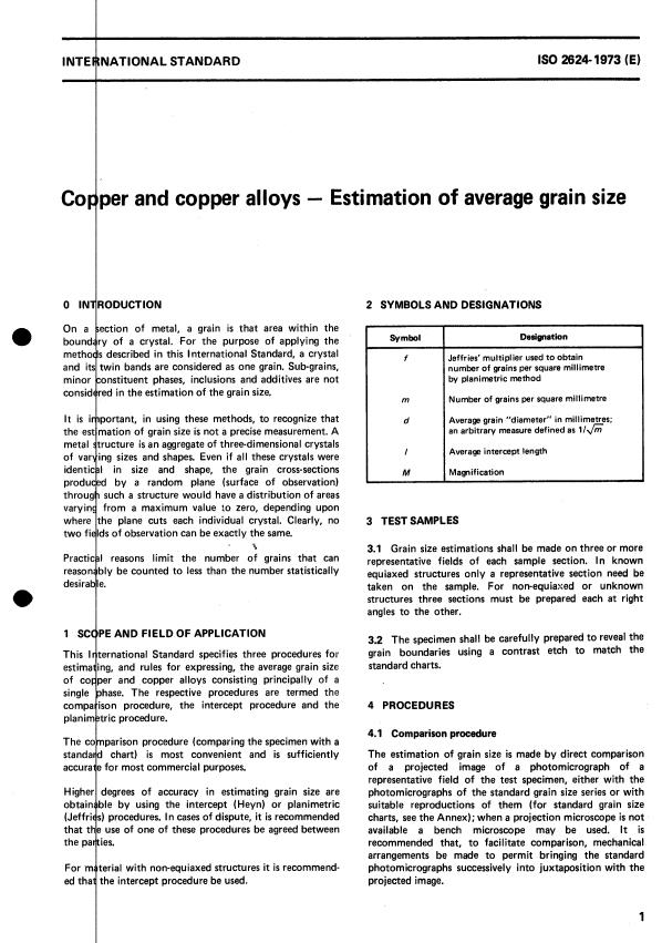 ISO 2624:1973 - Copper and copper alloys -- Estimation of average grain size