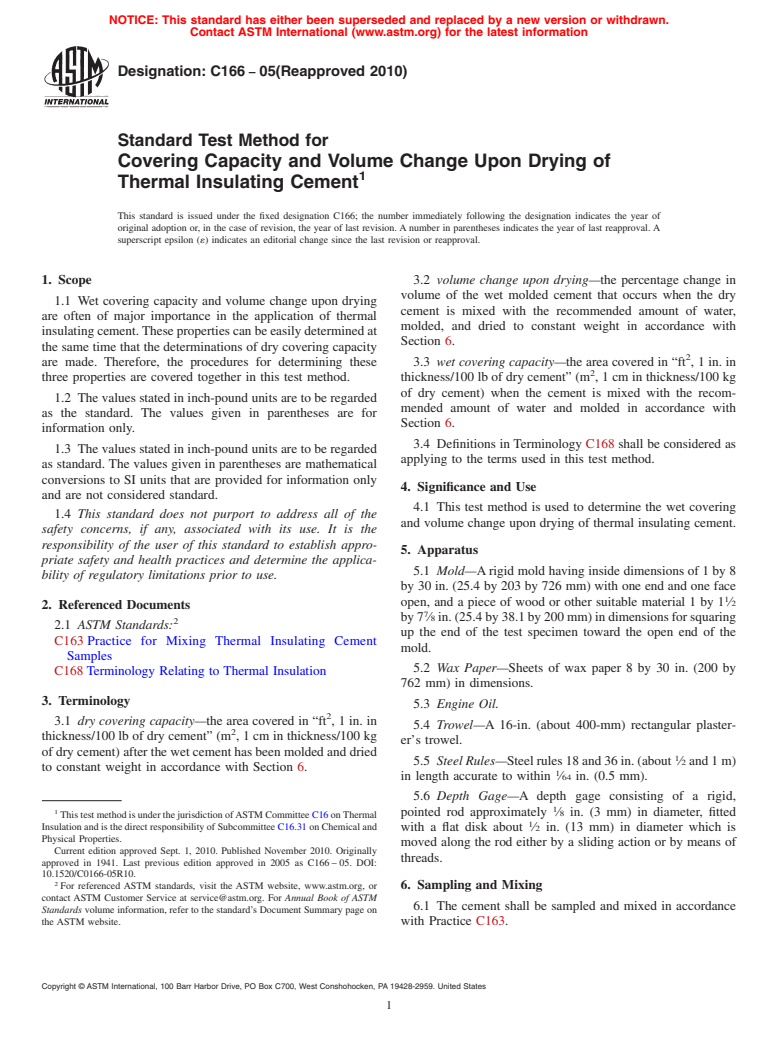 ASTM C166-05(2010) - Standard Test Method for Covering Capacity and Volume Change Upon Drying of Thermal Insulating Cement