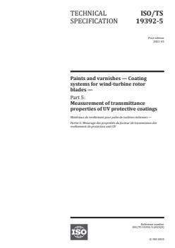 ISO/TS 19392-5:2023 - Paints and varnishes — Coating systems for wind-turbine rotor blades — Part 5: Measurement of transmittance properties of UV protective coatings
Released:10. 03. 2023 - Page 1 preview
