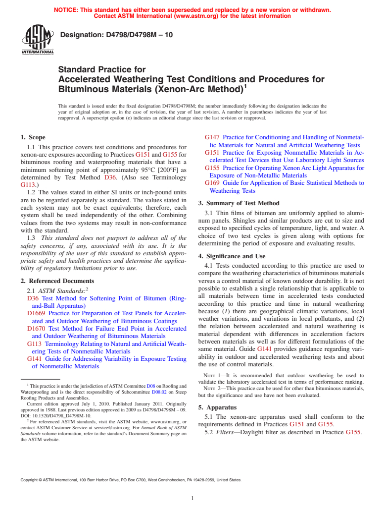 ASTM D4798/D4798M-10 - Standard Practice for Accelerated Weathering Test Conditions and Procedures for Bituminous Materials (Xenon-Arc Method)