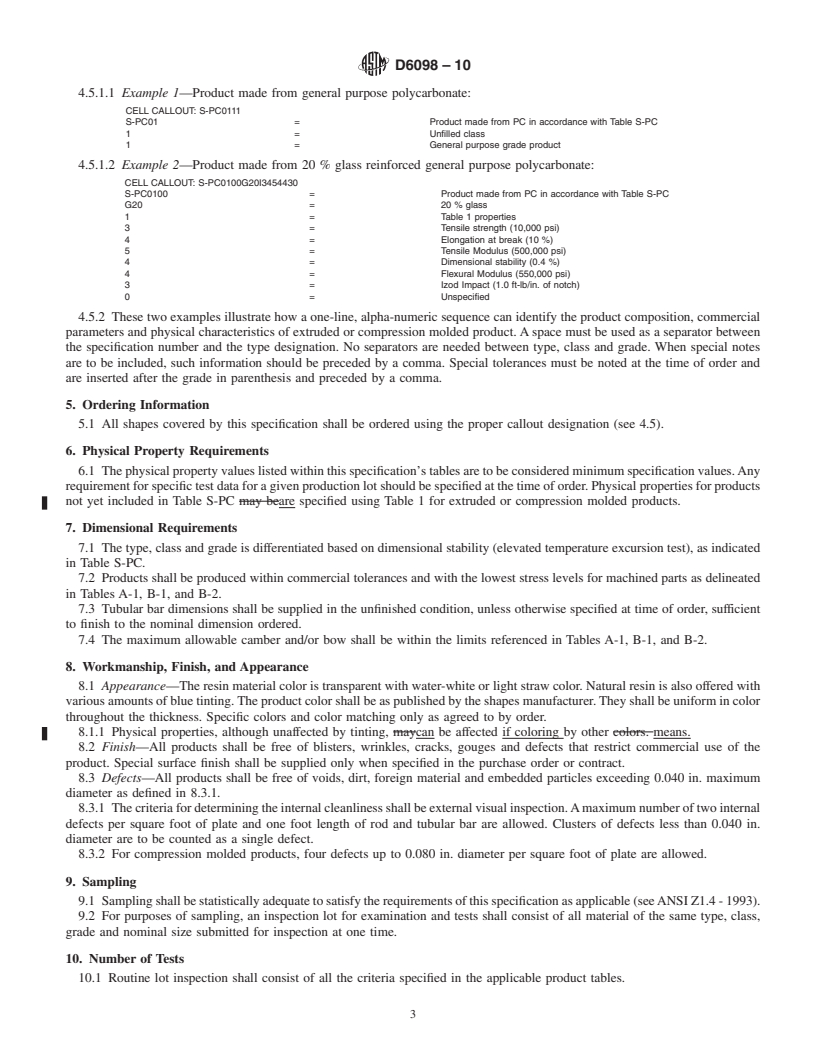 REDLINE ASTM D6098-10 - Standard Specification for Extruded and Compression Molded Shapes Made from Polycarbonate (PC)