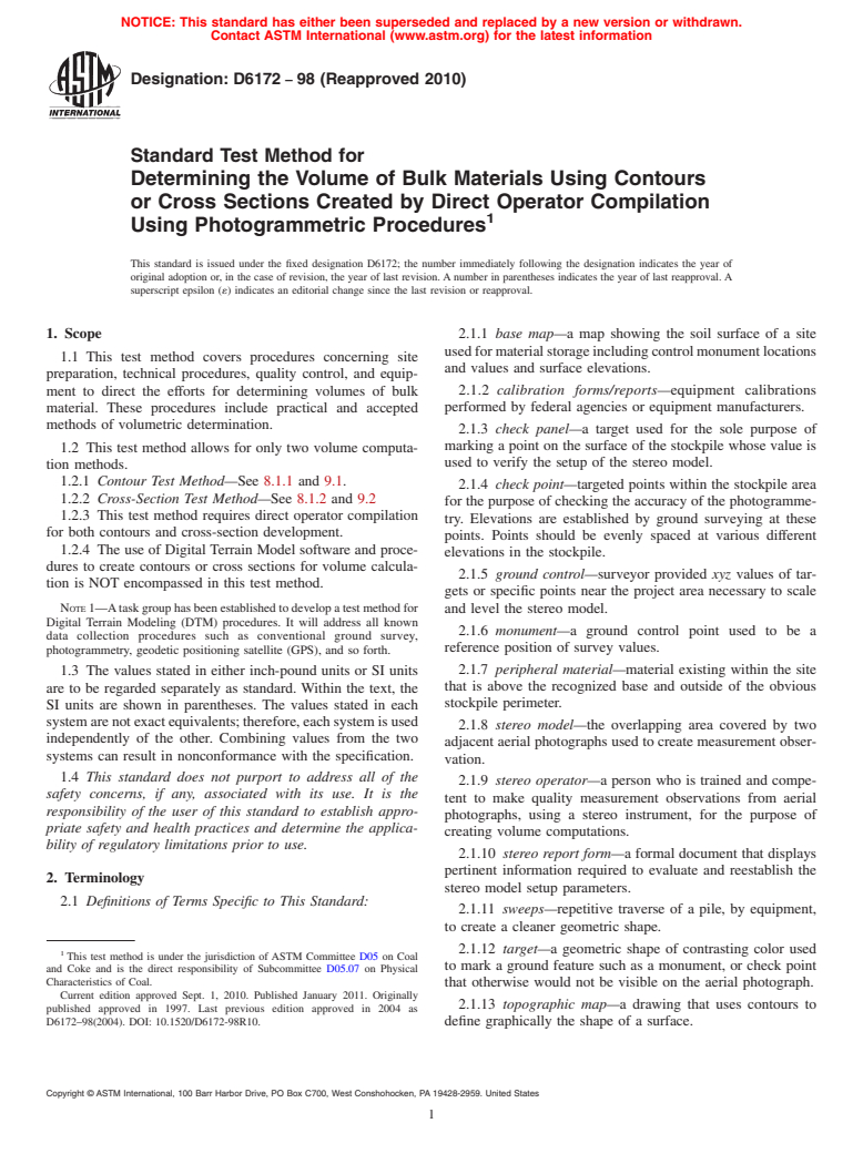 ASTM D6172-98(2010) - Standard Test Method for Determining the Volume of Bulk Materials Using Contours or Cross Sections Created by Direct Operator Compilation Using Photogrammetric Procedures