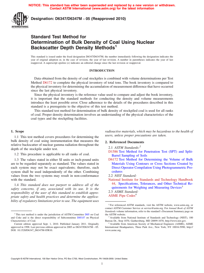 ASTM D6347/D6347M-05(2010) - Standard Test Method for Determination of Bulk Density of Coal Using Nuclear Backscatter Depth Density Methods