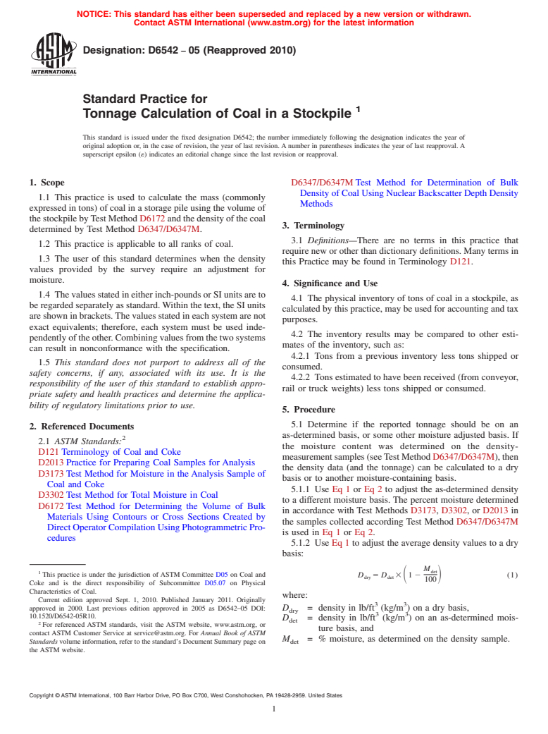 ASTM D6542-05(2010) - Standard Practice for Tonnage Calculation of Coal in a Stockpile