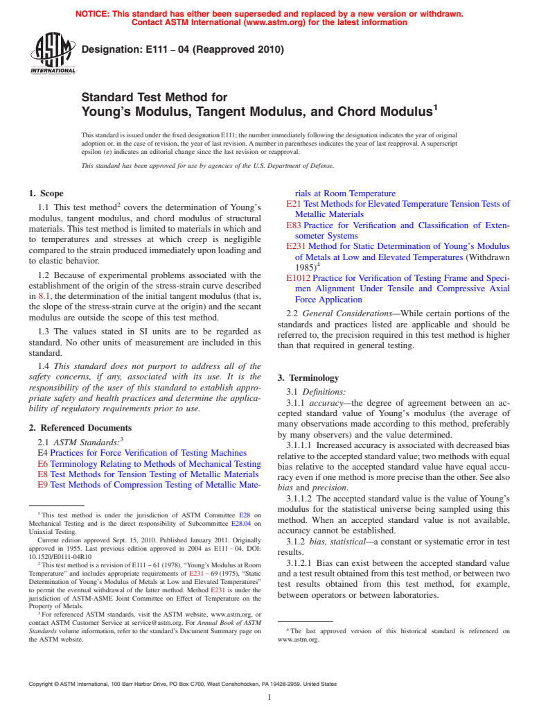 ASTM E111-04(2010) - Standard Test Method for Young's Modulus, Tangent Modulus, and Chord Modulus