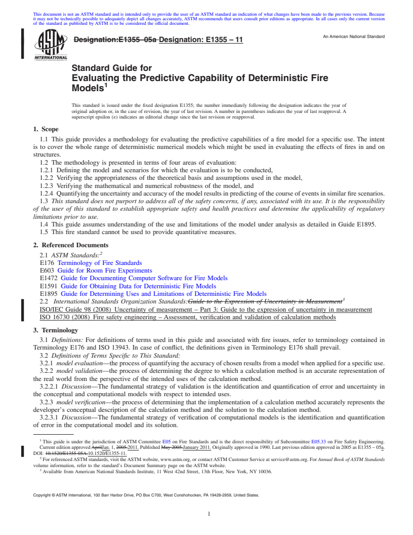 REDLINE ASTM E1355-11 - Standard Guide for Evaluating the Predictive Capability of Deterministic Fire Models