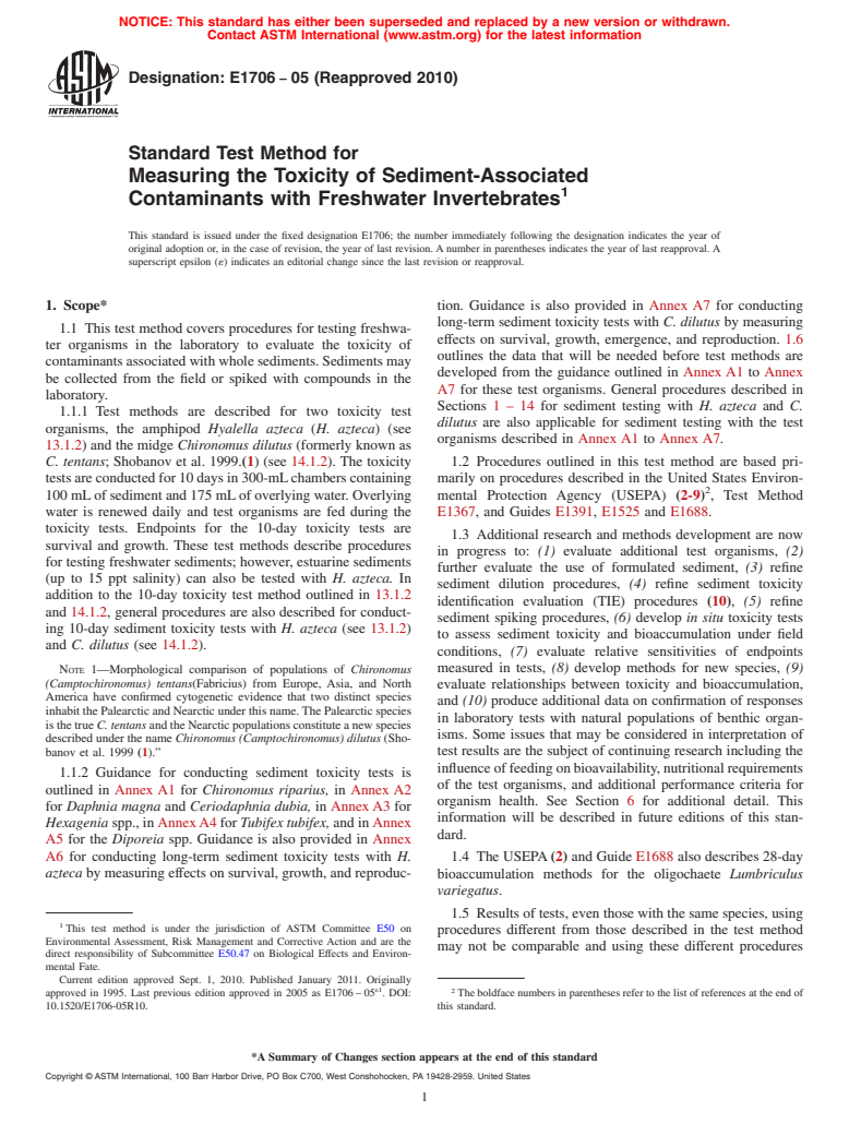 ASTM E1706-05(2010) - Standard Test Method for  Measuring the Toxicity of Sediment-Associated Contaminants with Freshwater Invertebrates (Withdrawn 2019)