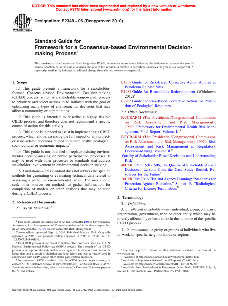 ASTM E2348-06(2010) - Standard Guide for Framework for a Consensus-based Environmental Decision-making Process