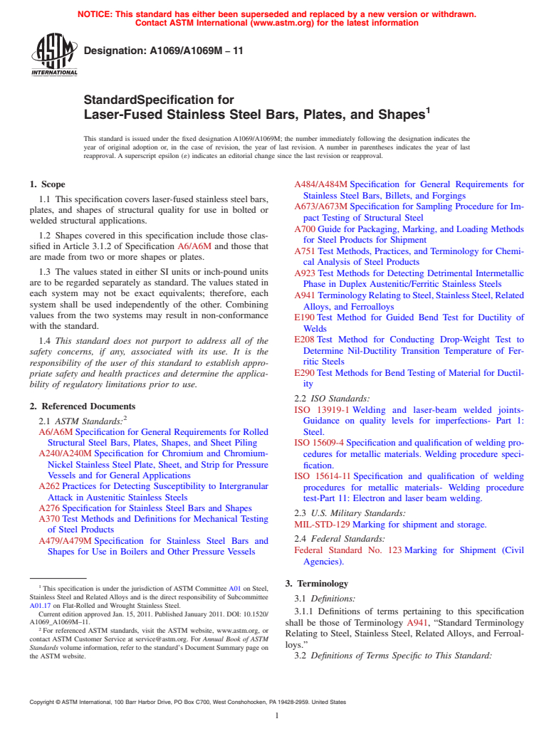 ASTM A1069/A1069M-11 - Standard Specification for Laser-Fused Stainless Steel Bars, Plates, and Shapes