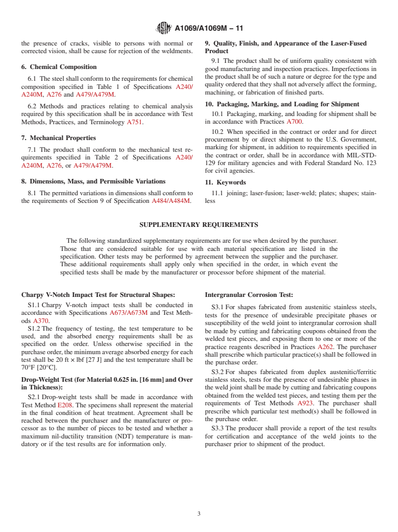 ASTM A1069/A1069M-11 - Standard Specification for Laser-Fused Stainless Steel Bars, Plates, and Shapes