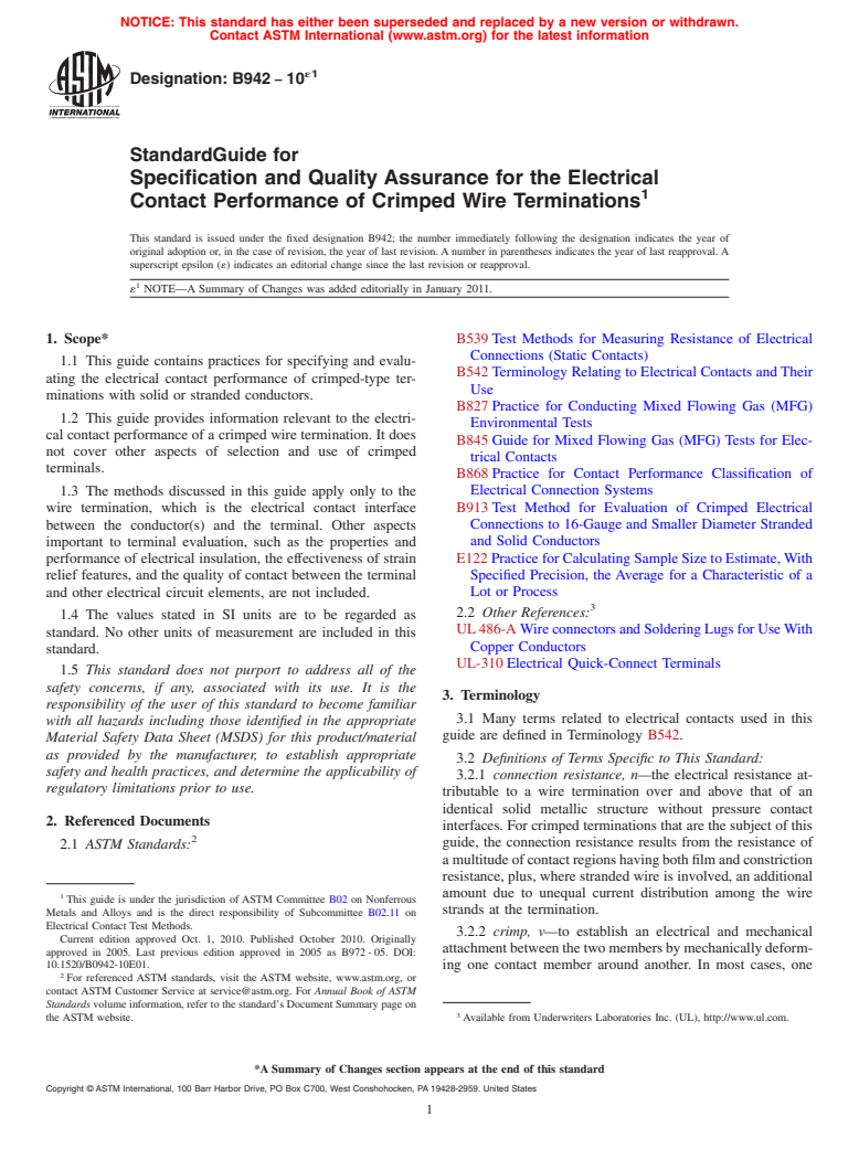 ASTM B942-10e1 - Standard Guide for Specification and Quality Assurance for the Electrical Contact Performance of Crimped Wire Terminations