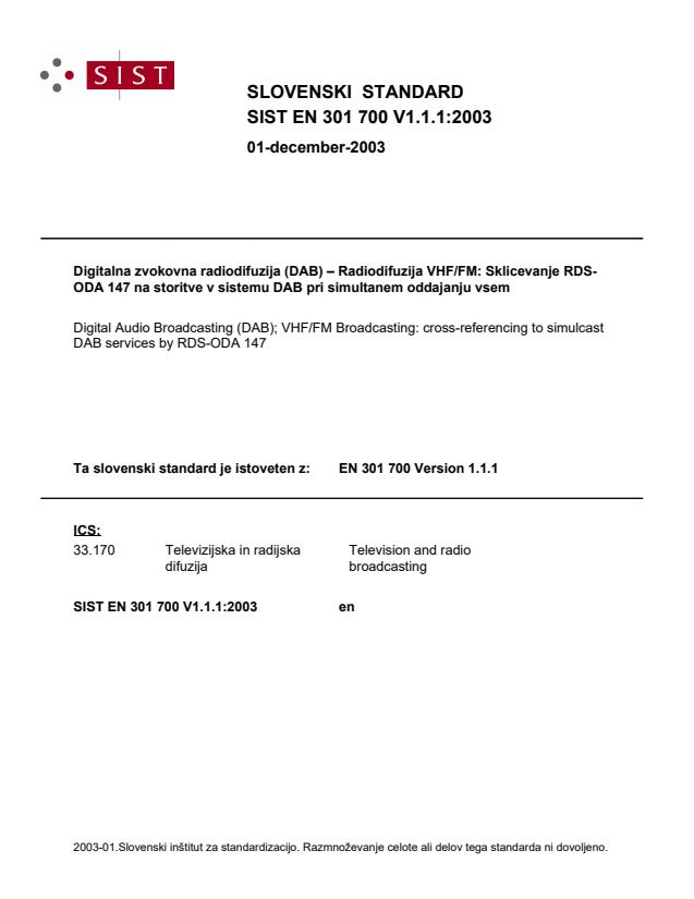 SIST EN 301 700 V1.1.1:2003
