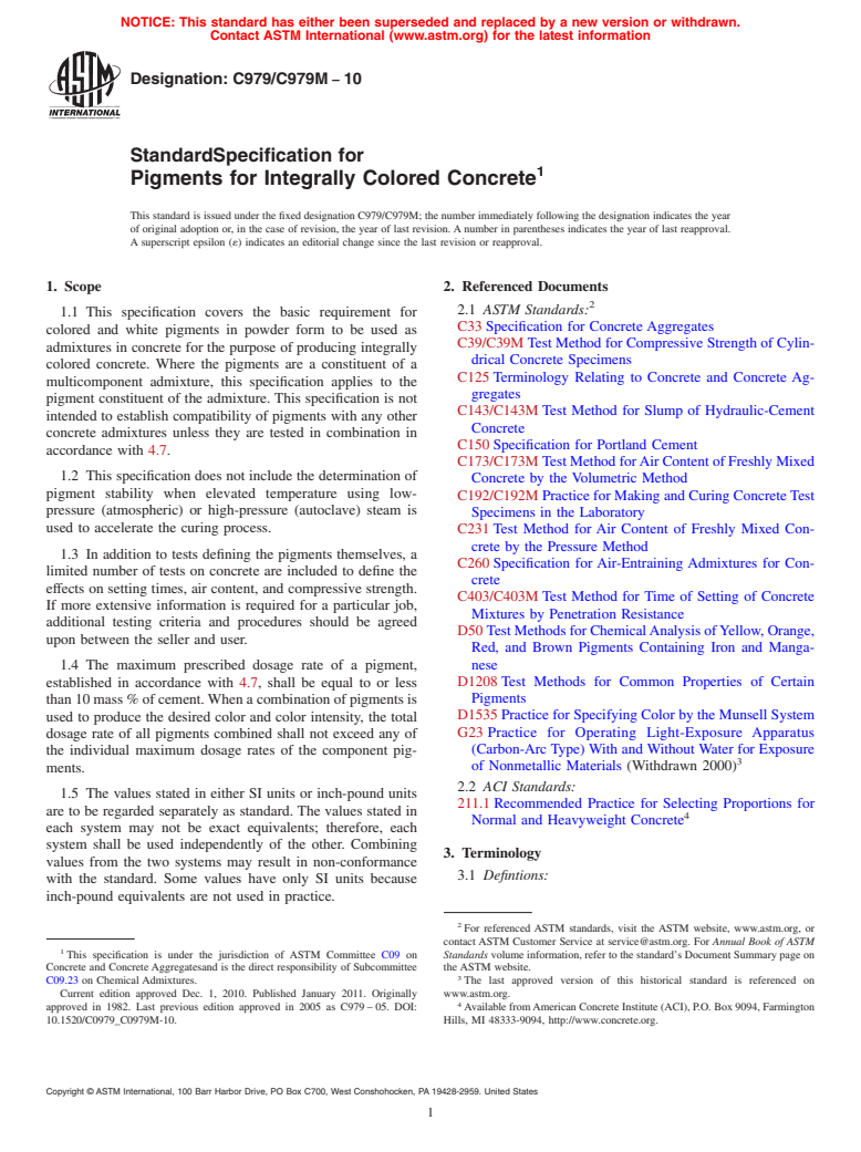 ASTM C979/C979M-10 - Standard Specification for Pigments for Integrally Colored Concrete