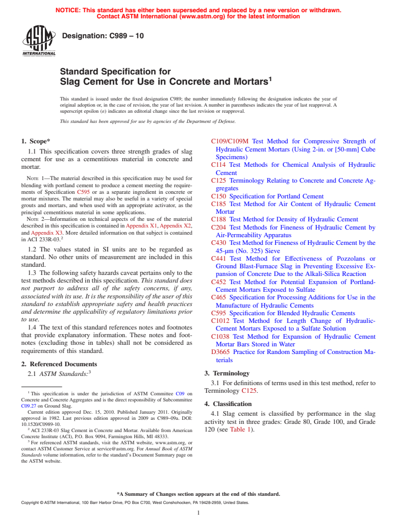 ASTM C989-10 - Standard Specification for Slag Cement for Use in Concrete and Mortars