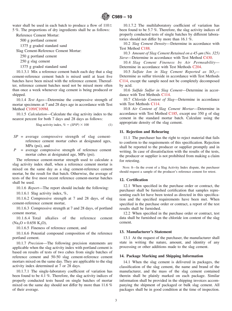 ASTM C989-10 - Standard Specification for Slag Cement for Use in Concrete and Mortars