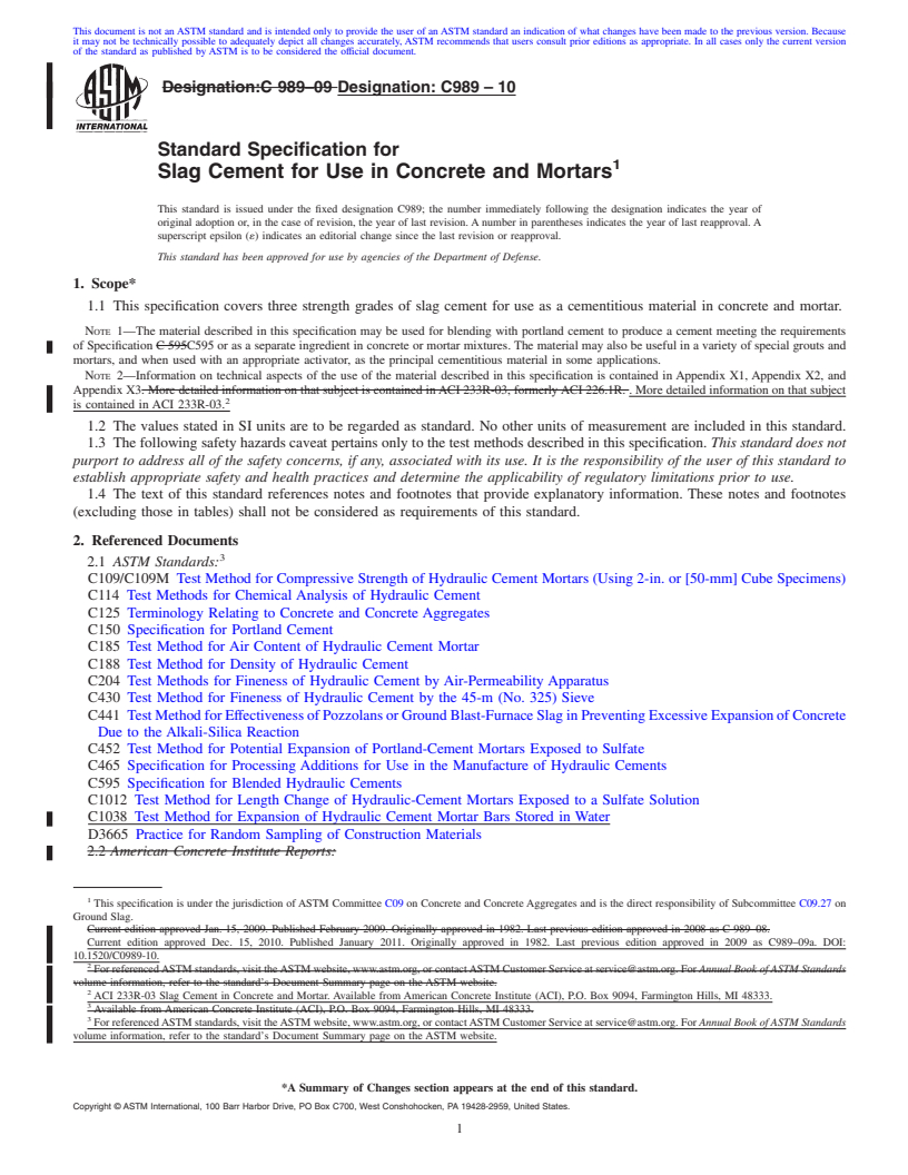 REDLINE ASTM C989-10 - Standard Specification for Slag Cement for Use in Concrete and Mortars