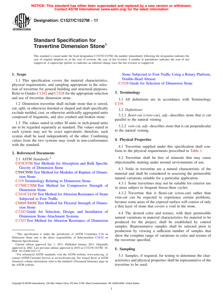 ASTM C1527/C1527M-11 - Standard Specification for Travertine Dimension Stone