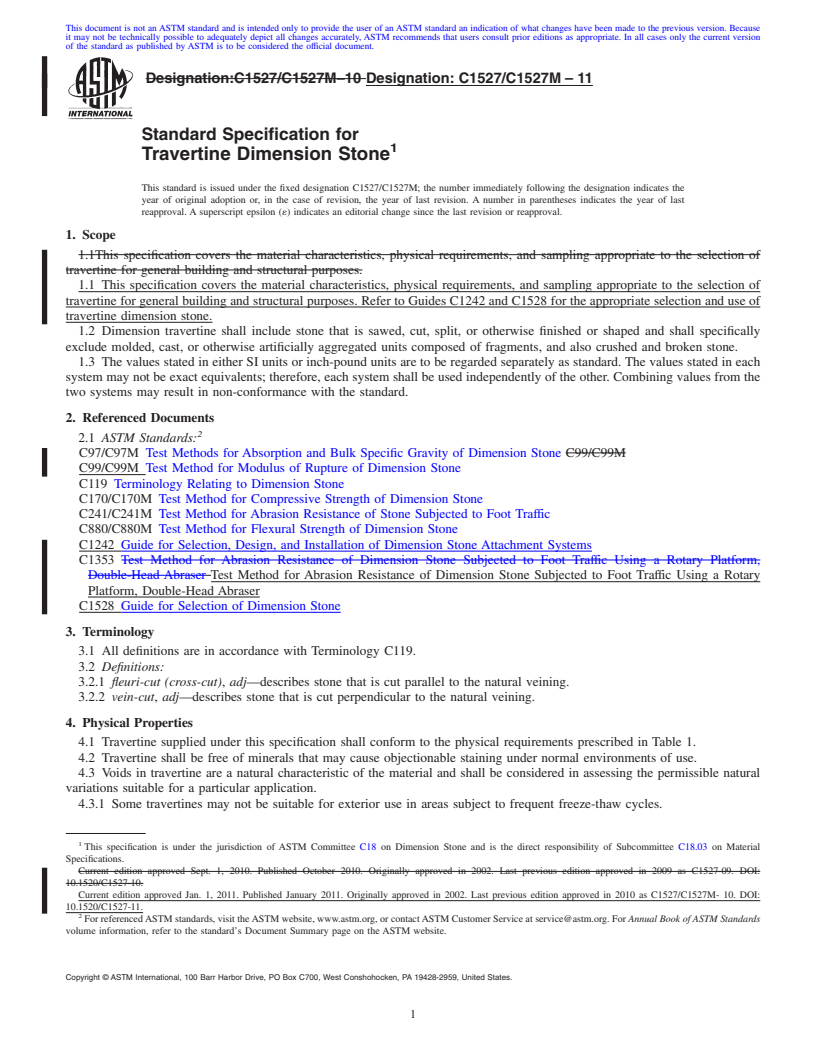 REDLINE ASTM C1527/C1527M-11 - Standard Specification for Travertine Dimension Stone