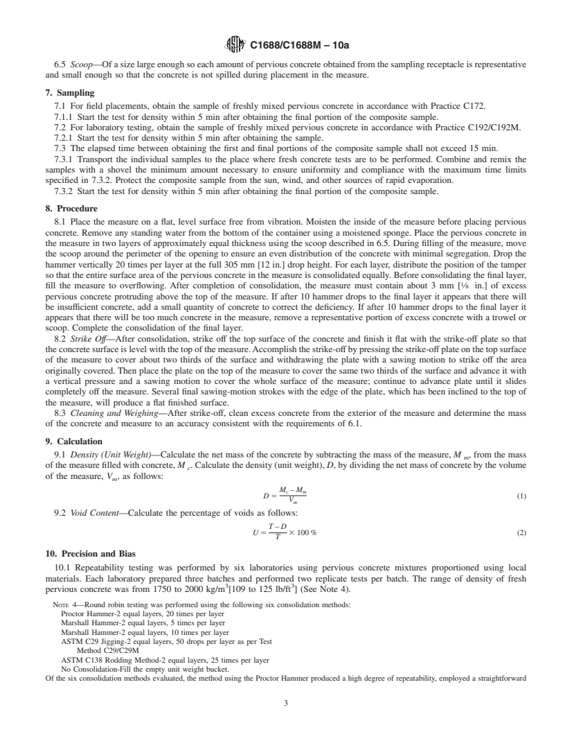 REDLINE ASTM C1688/C1688M-10a - Standard Test Method for Density and Void Content of Freshly Mixed Pervious Concrete