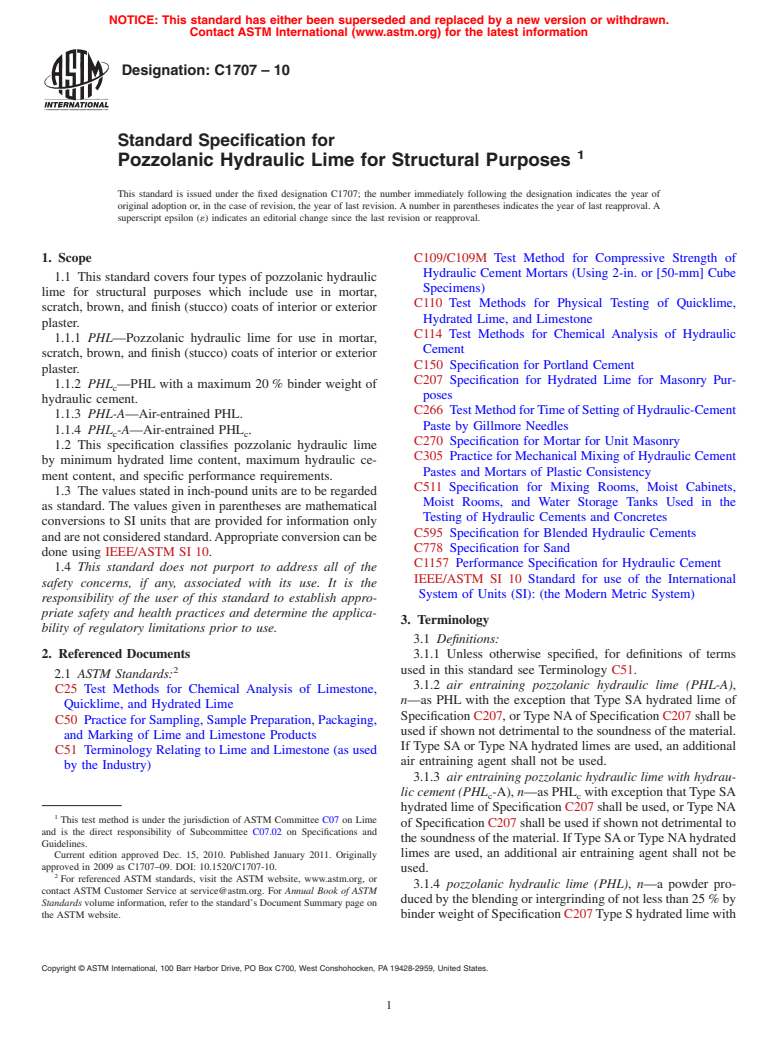 ASTM C1707-10 - Standard Specification for Pozzolanic Hydraulic Lime for Structural Purposes