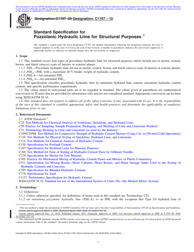 REDLINE ASTM C1707-10 - Standard Specification for Pozzolanic Hydraulic Lime for Structural Purposes
